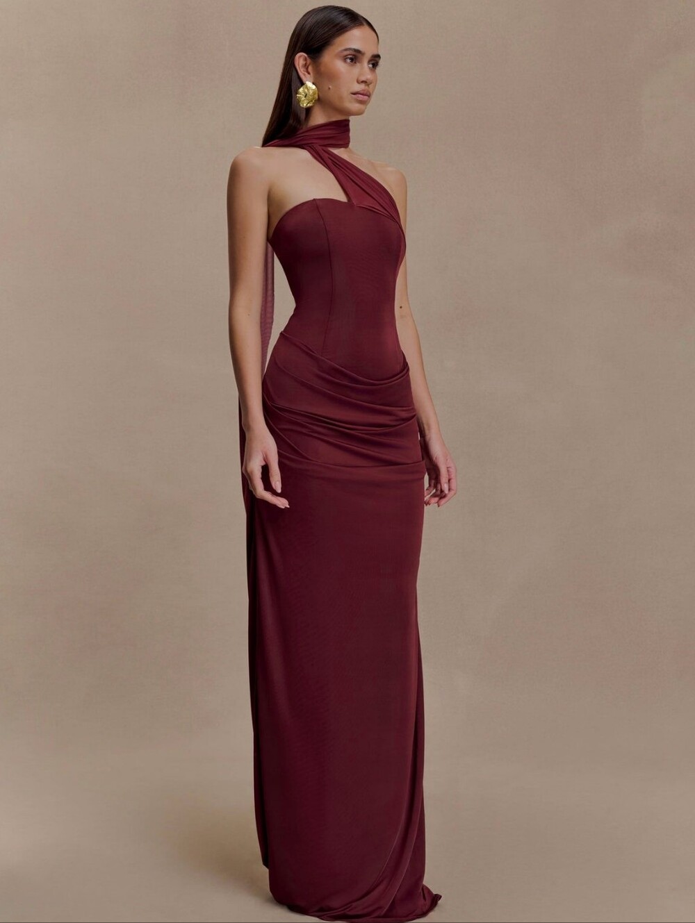 Meshki Mattea Slinky Mesh Maxi Dress With Scarf Burgundy red women's size small - Picture 3 of 10